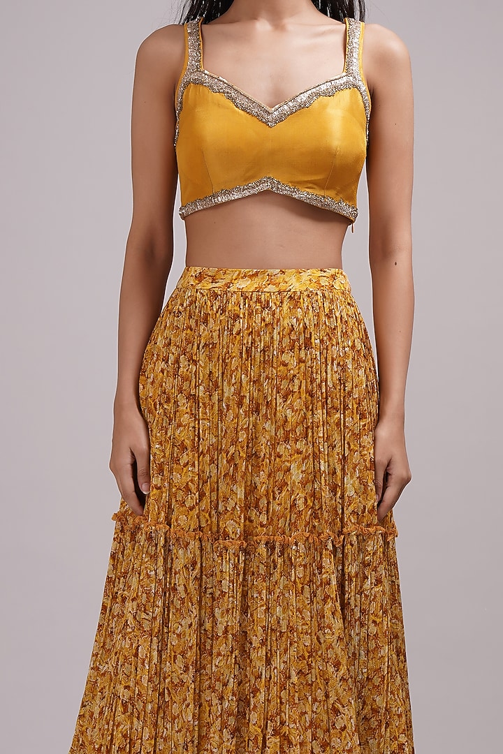 Mustard Upada Silk & Shimmer Georgette Hand Painted Three-Tiered Wedding Lehenga Set by Breathe By Aakanksha Singh at Pernia's Pop Up Shop