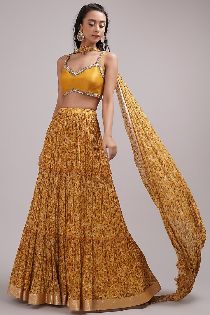 Mustard Upada Silk & Shimmer Georgette Hand Painted Three-Tiered Wedding Lehenga Set by Breathe By Aakanksha Singh at Pernia's Pop Up Shop
