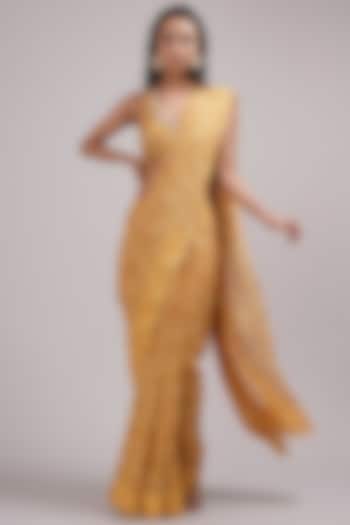 Mustard Upada Silk & Cotton Voile Hand Painted Pre-Draped Saree Set by Breathe By Aakanksha Singh