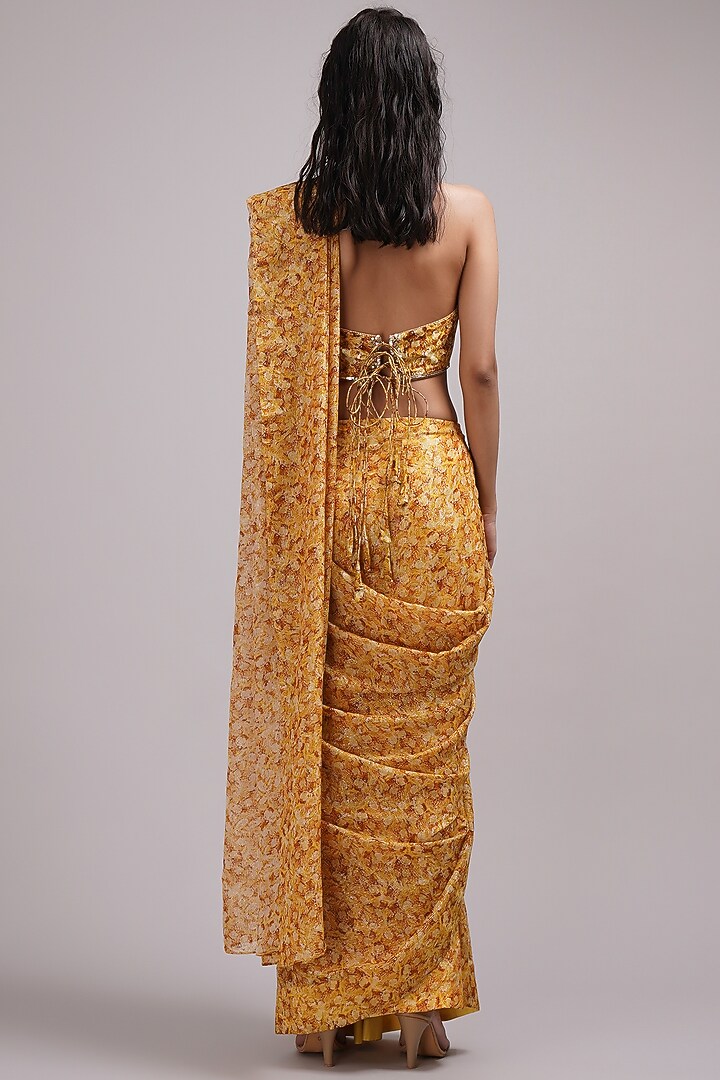 Mustard Upada Silk & Cotton Voile Hand Painted Pre-Draped Wedding Saree Set by Breathe By Aakanksha Singh at Pernia's Pop Up Shop