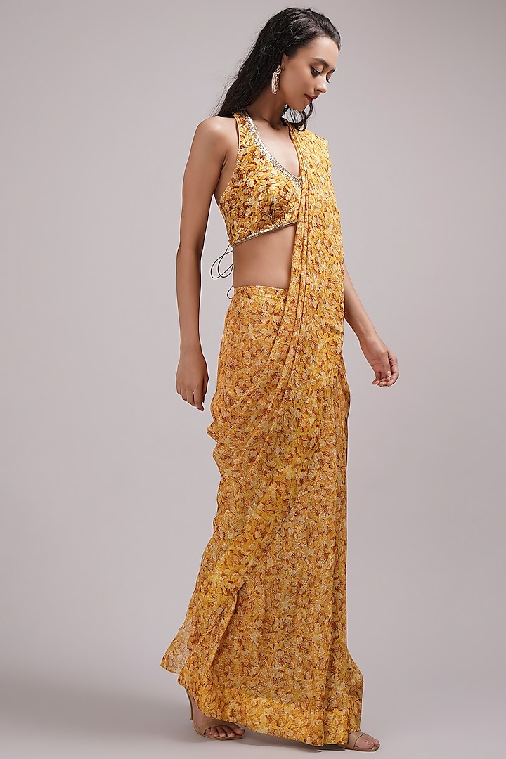 Mustard Upada Silk & Cotton Voile Hand Painted Pre-Draped Wedding Saree Set by Breathe By Aakanksha Singh at Pernia's Pop Up Shop
