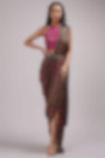 Pink-Green Upada Silk & Cotton Voile Hand Painted Pre-Draped Saree Set by Breathe By Aakanksha Singh