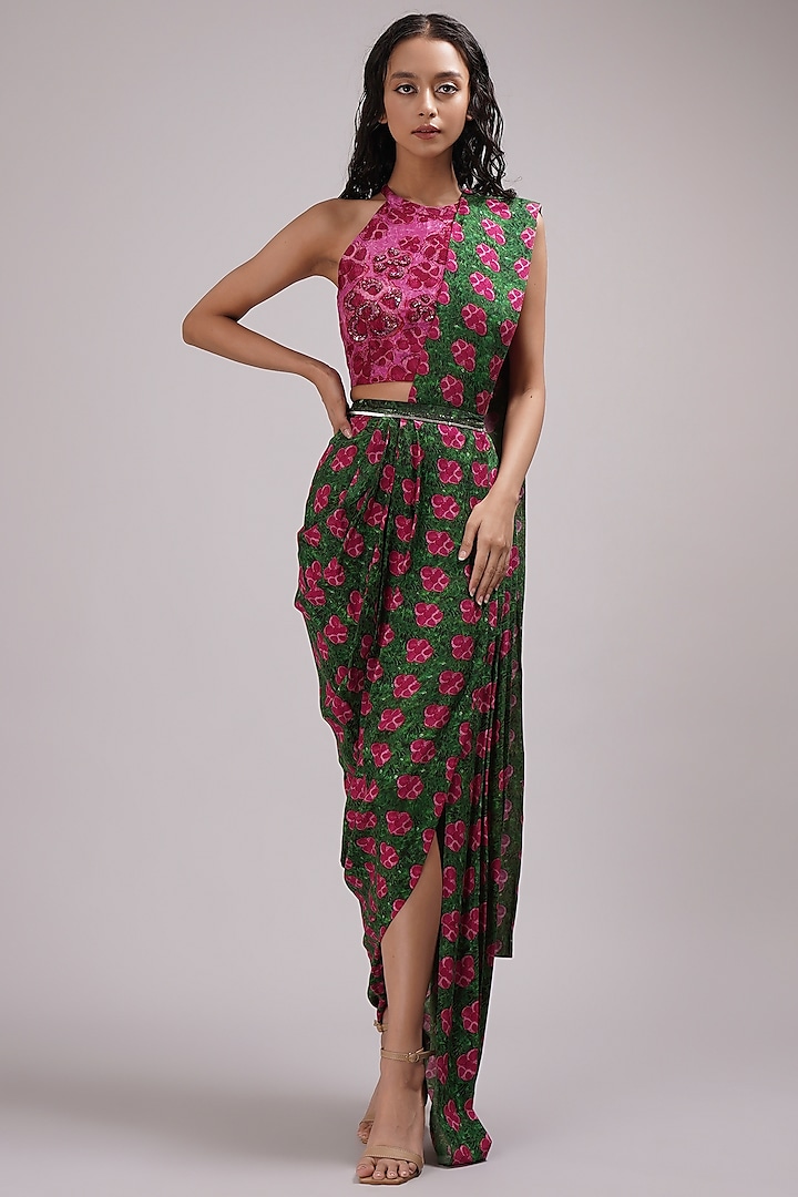 Pink-Green Upada Silk & Cotton Voile Hand Painted Pre-Draped Saree Set by Breathe By Aakanksha Singh