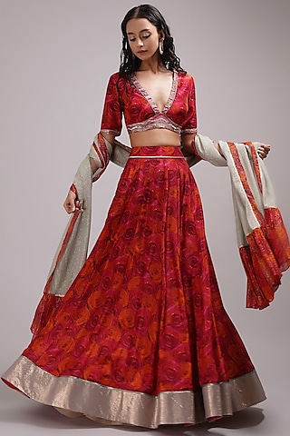 Red-Orange Upada Silk & Lurex Hand Painted Lehenga Set by Breathe By Aakanksha Singh