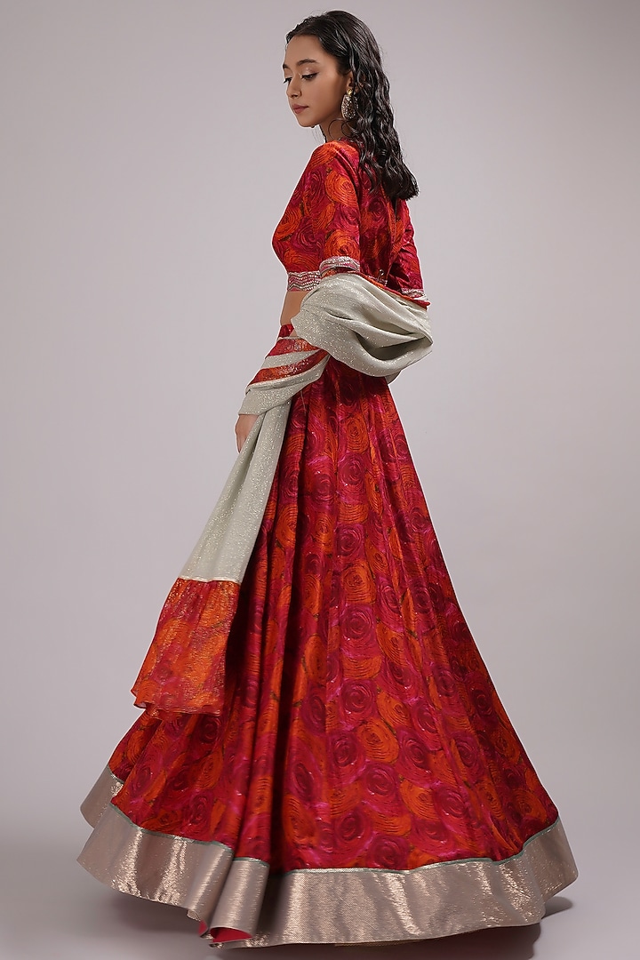 Red-Orange Upada Silk & Lurex Hand Painted Wedding Lehenga Set by Breathe By Aakanksha Singh at Pernia's Pop Up Shop