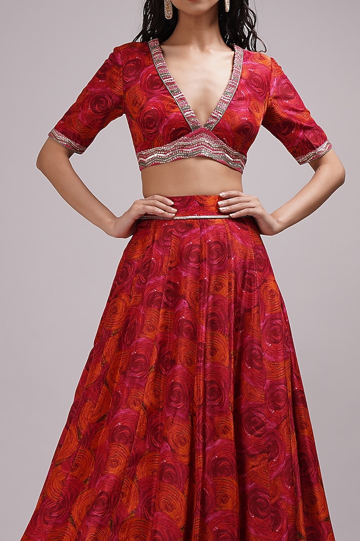 Red-Orange Upada Silk & Lurex Hand Painted Wedding Lehenga Set by Breathe By Aakanksha Singh at Pernia's Pop Up Shop