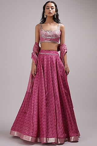 Rose Pink Upada Silk & Lurex Hand Painted Lehenga Set by Breathe By Aakanksha Singh