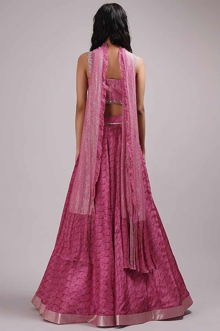 Rose Pink Upada Silk & Lurex Hand Painted Wedding Lehenga Set by Breathe By Aakanksha Singh at Pernia's Pop Up Shop