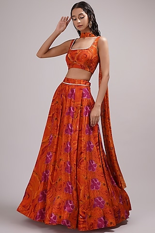 Pink-Orange Upada Silk & Cotton Voile Hand Painted Lehenga Set by Breathe By Aakanksha Singh
