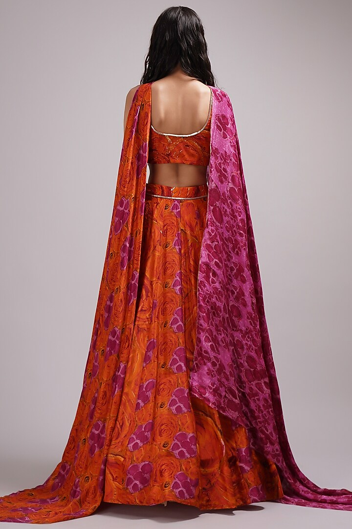 Pink-Orange Upada Silk & Cotton Voile Hand Painted Wedding Lehenga Set by Breathe By Aakanksha Singh at Pernia's Pop Up Shop