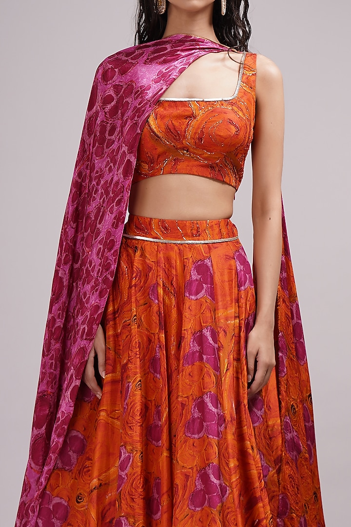Pink-Orange Upada Silk & Cotton Voile Hand Painted Wedding Lehenga Set by Breathe By Aakanksha Singh at Pernia's Pop Up Shop