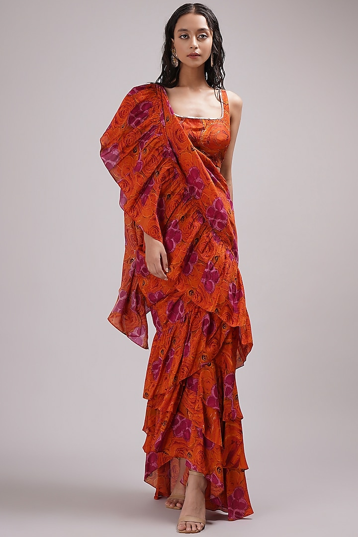 Orange Upada Silk & Cotton Voile Hand Painted Ruffled Draped Saree Set by Breathe By Aakanksha Singh