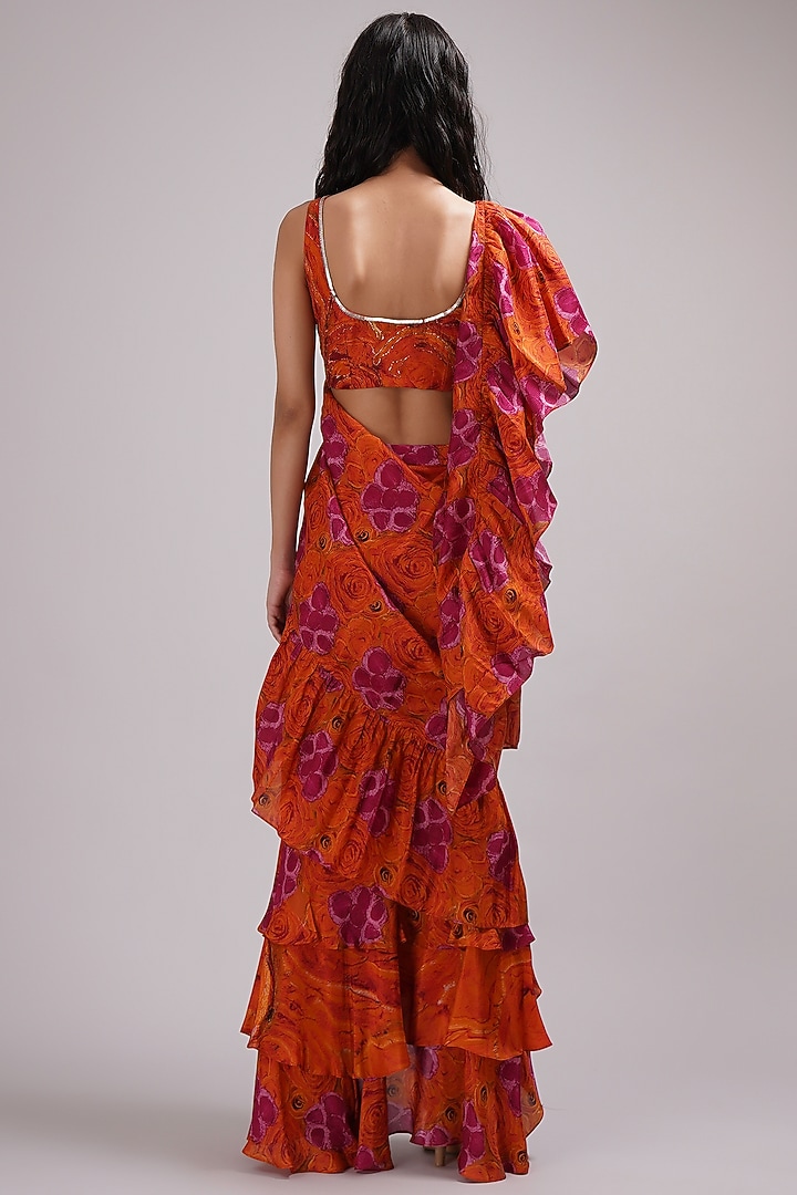 Orange Upada Silk & Cotton Voile Hand Painted Ruffled Draped Wedding Saree Set by Breathe By Aakanksha Singh at Pernia's Pop Up Shop
