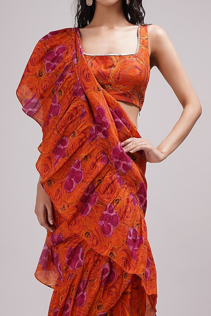 Orange Upada Silk & Cotton Voile Hand Painted Ruffled Draped Wedding Saree Set by Breathe By Aakanksha Singh at Pernia's Pop Up Shop