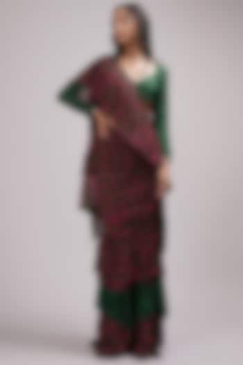 Green-Pink Chinon & Upada Silk Hand Painted Ruffled Draped Saree Set by Breathe By Aakanksha Singh