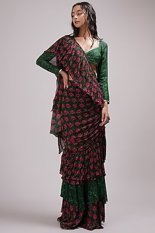 Green-Pink Chinon & Upada Silk Hand Painted Ruffled Draped Saree Set by Breathe By Aakanksha Singh