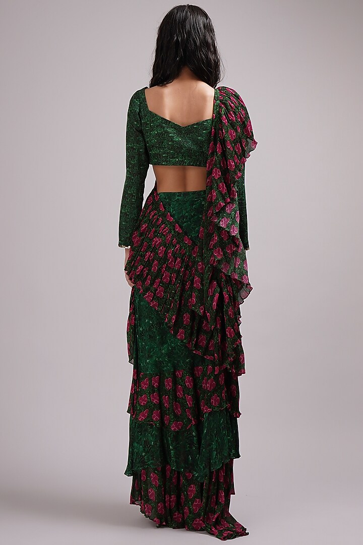 Green-Pink Chinon & Upada Silk Hand Painted Ruffled Draped Wedding Saree Set by Breathe By Aakanksha Singh at Pernia's Pop Up Shop
