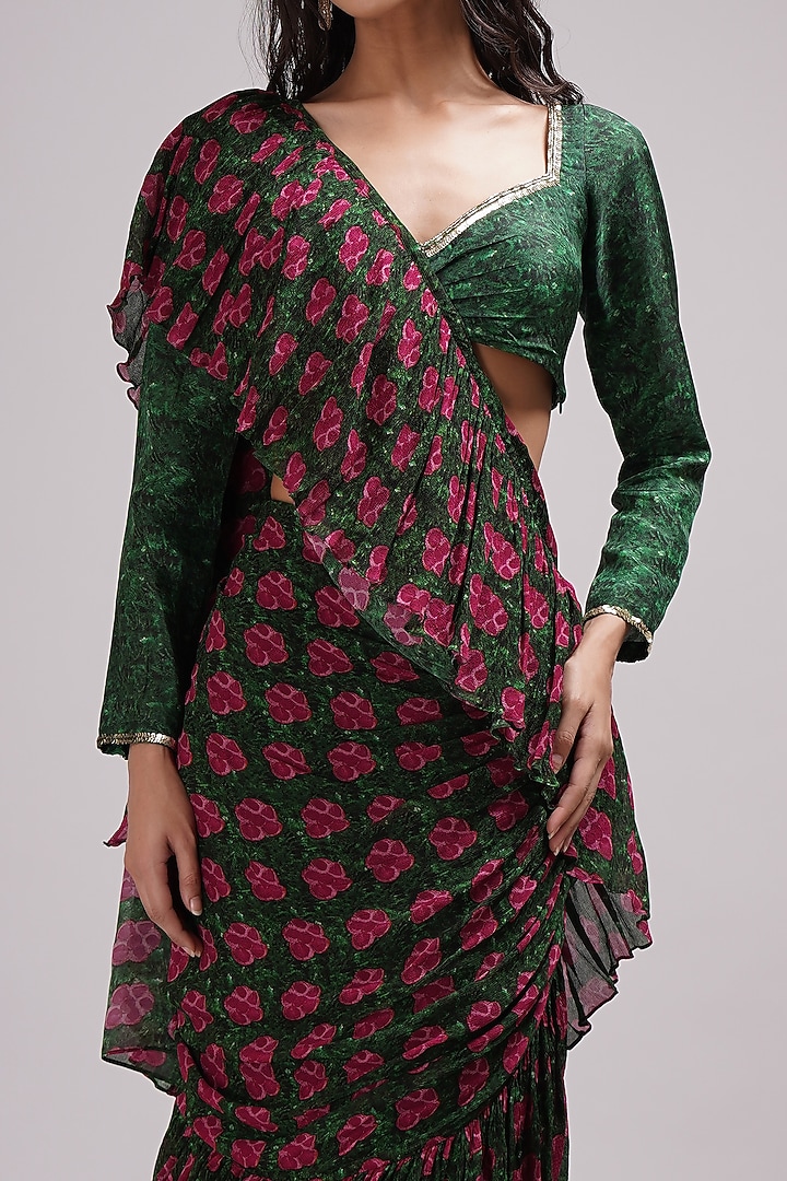 Green-Pink Chinon & Upada Silk Hand Painted Ruffled Draped Wedding Saree Set by Breathe By Aakanksha Singh at Pernia's Pop Up Shop