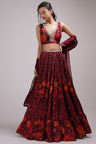 Wine Upada Silk & Cotton Voile Hand Painted Tiered Lehenga Set by Breathe By Aakanksha Singh