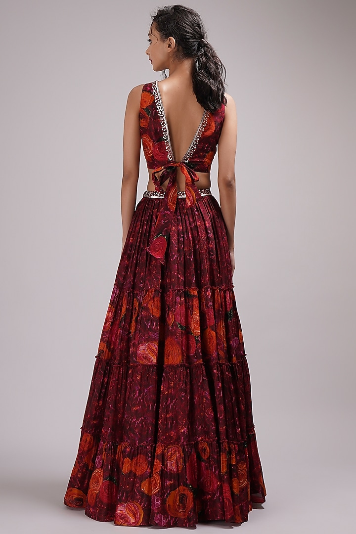 Wine Upada Silk & Cotton Voile Hand Painted Tiered Wedding Lehenga Set by Breathe By Aakanksha Singh at Pernia's Pop Up Shop