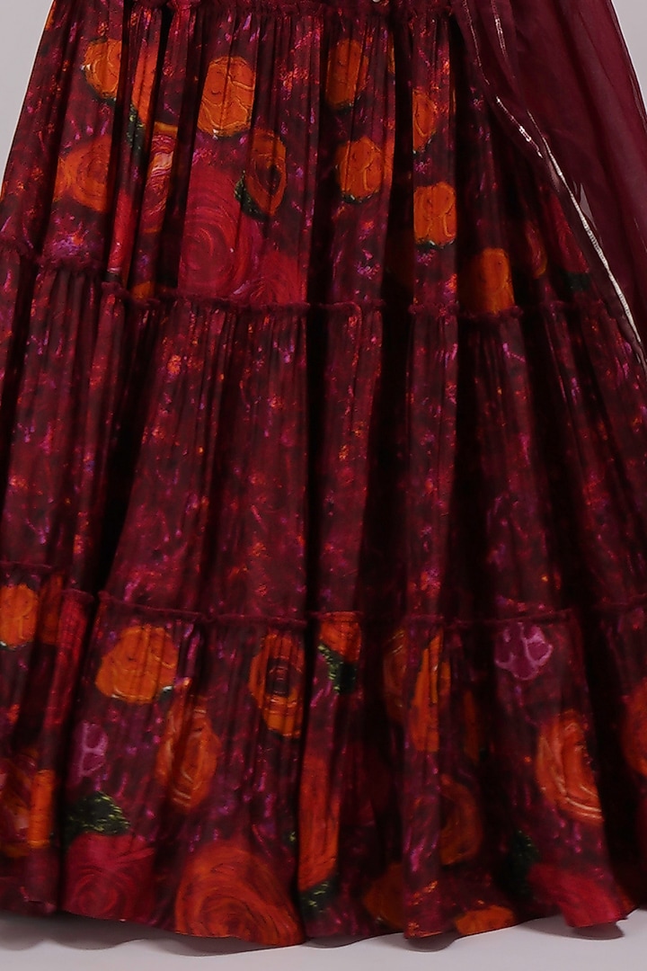 Wine Upada Silk & Cotton Voile Hand Painted Tiered Wedding Lehenga Set by Breathe By Aakanksha Singh at Pernia's Pop Up Shop