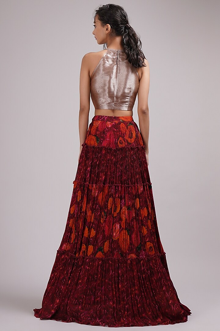 Wine Upada Silk & Cotton Voile Hand Painted Tiered Wedding Lehenga Set by Breathe By Aakanksha Singh at Pernia's Pop Up Shop