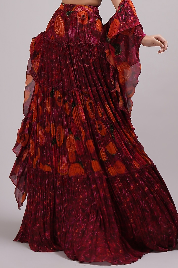 Wine Upada Silk & Cotton Voile Hand Painted Tiered Wedding Lehenga Set by Breathe By Aakanksha Singh at Pernia's Pop Up Shop