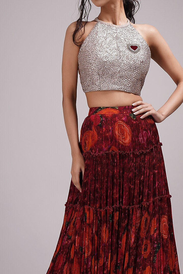 Wine Upada Silk & Cotton Voile Hand Painted Tiered Wedding Lehenga Set by Breathe By Aakanksha Singh at Pernia's Pop Up Shop