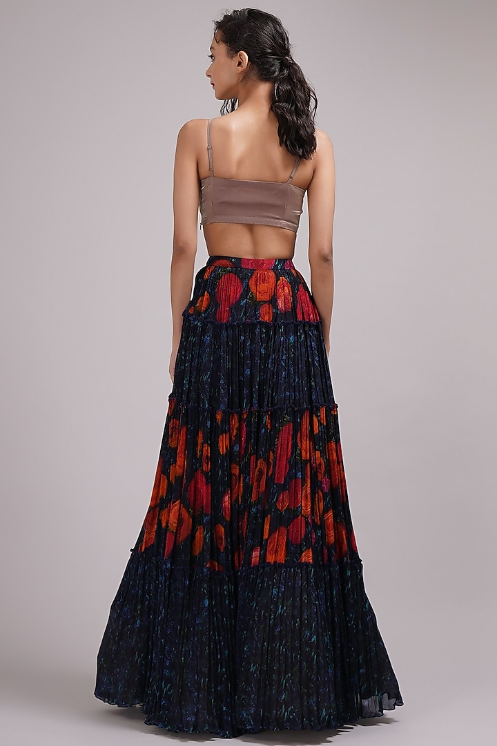 Navy Blue Upada Silk & Cotton Voile Hand Painted Tiered Wedding Lehenga Set by Breathe By Aakanksha Singh at Pernia's Pop Up Shop