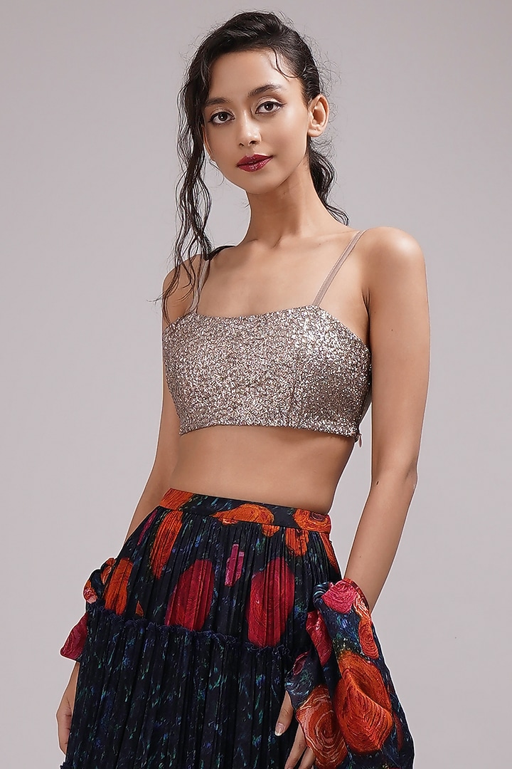 Navy Blue Upada Silk & Cotton Voile Hand Painted Tiered Wedding Lehenga Set by Breathe By Aakanksha Singh at Pernia's Pop Up Shop