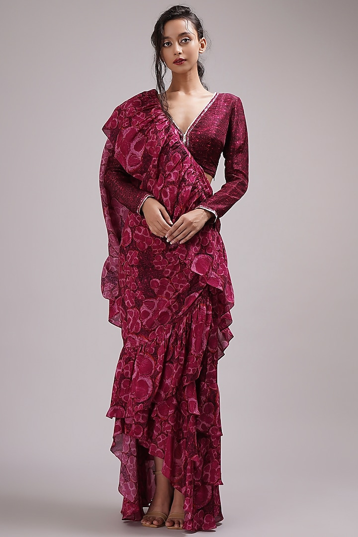 Purple-Pink Upada Silk & Cotton Voile Hand Painted Ruffled Draped Saree Set by Breathe By Aakanksha Singh