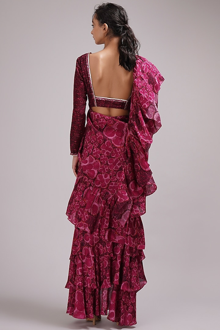 Purple-Pink Upada Silk & Cotton Voile Hand Painted Ruffled Draped Wedding Saree Set by Breathe By Aakanksha Singh at Pernia's Pop Up Shop