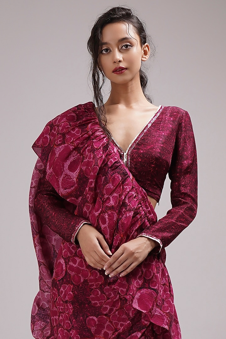 Purple-Pink Upada Silk & Cotton Voile Hand Painted Ruffled Draped Wedding Saree Set by Breathe By Aakanksha Singh at Pernia's Pop Up Shop