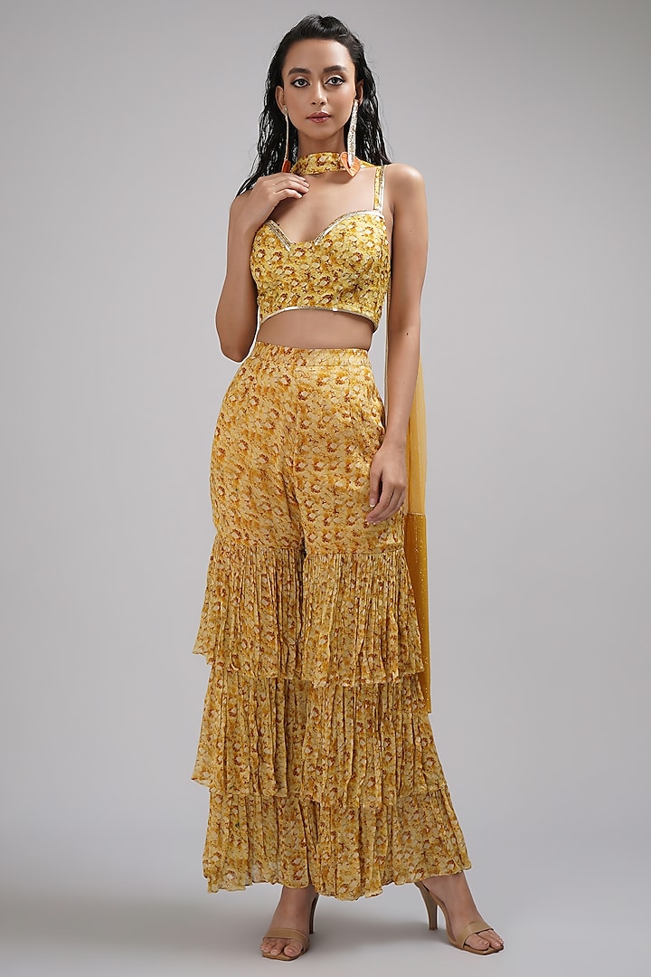 Yellow Upada Silk Floral Printed Sharara Set by Breathe By Aakanksha Singh at Pernia's Pop Up Shop