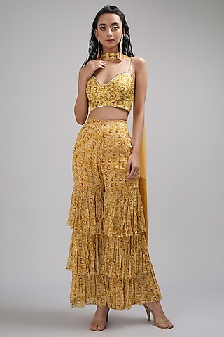 Yellow Upada Silk Floral Printed Sharara Set by Breathe By Aakanksha Singh