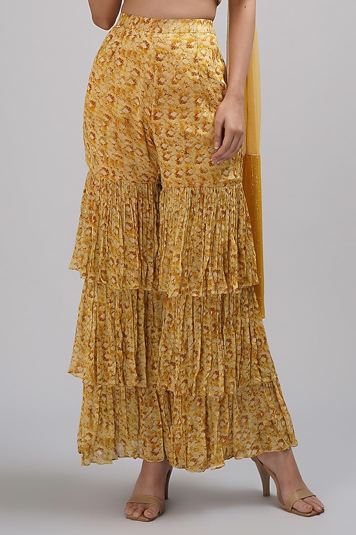 Yellow Upada Silk Floral Printed Wedding Sharara Set by Breathe By Aakanksha Singh at Pernia's Pop Up Shop