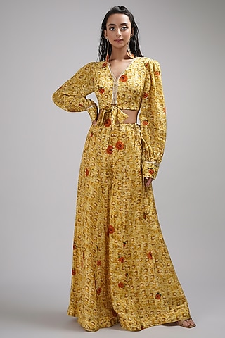 Yellow Upada Silk Floral Printed Sharara Set by Breathe By Aakanksha Singh