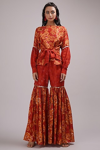 Coral Upada Silk Hand Painted Floral Printed Sharara Set by Breathe By Aakanksha Singh