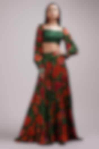 Red & Green Upada Silk Floral Printed Skirt Set by Breathe By Aakanksha Singh