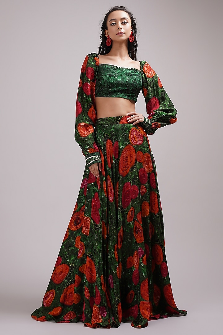 Red & Green Upada Silk Floral Printed Skirt Set by Breathe By Aakanksha Singh