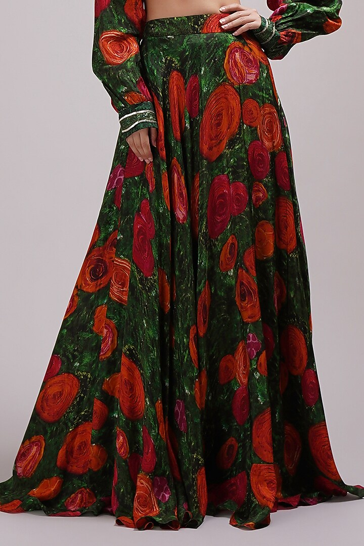 Red & Green Upada Silk Floral Printed Skirt Set by Breathe By Aakanksha Singh at Pernia's Pop Up Shop