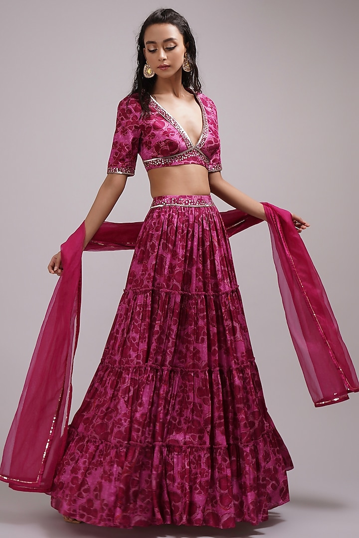 Purple & Pink Upada Silk Floral Printed Lehenga Set by Breathe By Aakanksha Singh