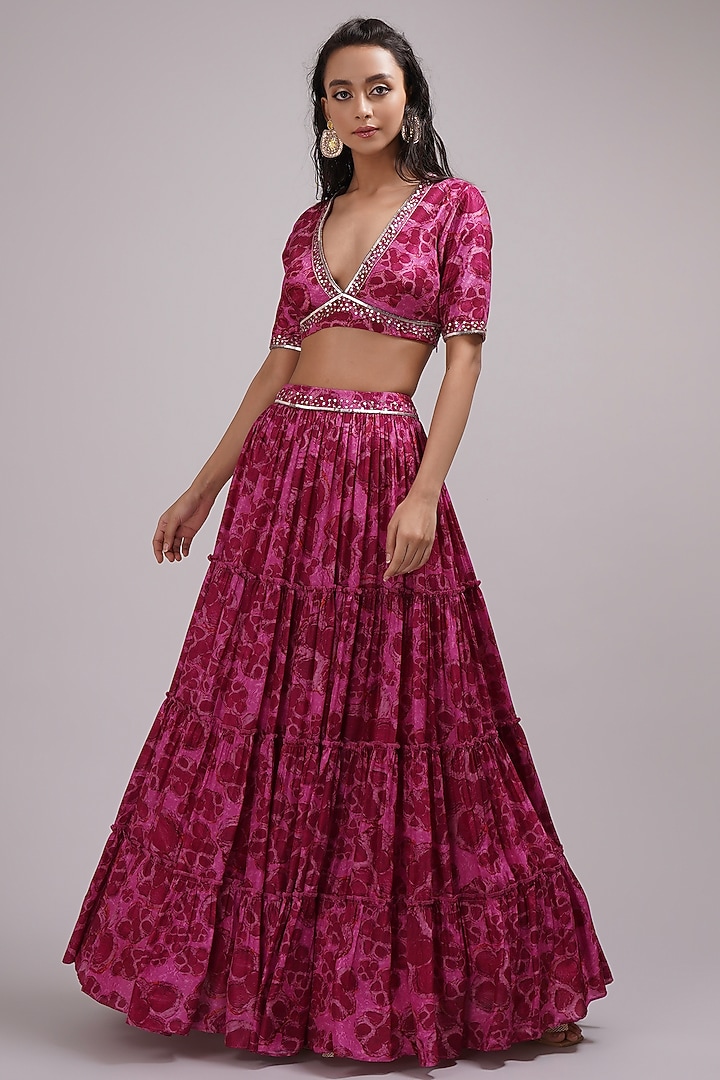 Purple & Pink Upada Silk Floral Printed Wedding Lehenga Set by Breathe By Aakanksha Singh at Pernia's Pop Up Shop