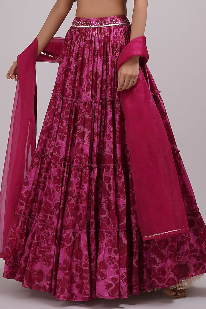 Purple & Pink Upada Silk Floral Printed Wedding Lehenga Set by Breathe By Aakanksha Singh at Pernia's Pop Up Shop