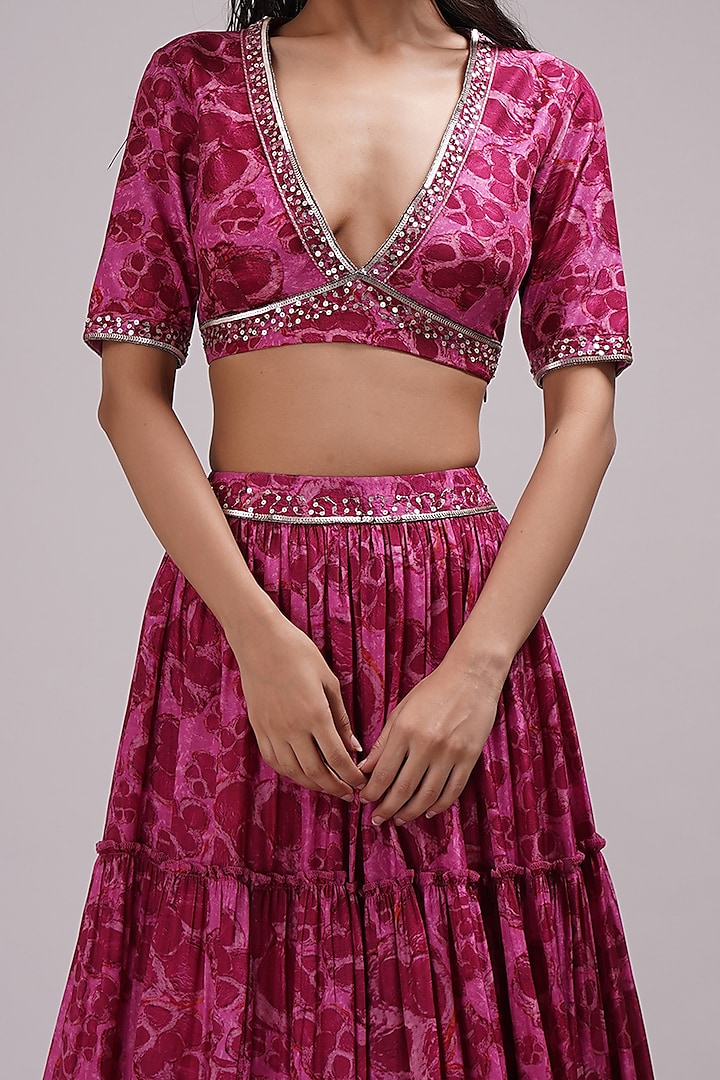 Purple & Pink Upada Silk Floral Printed Wedding Lehenga Set by Breathe By Aakanksha Singh at Pernia's Pop Up Shop