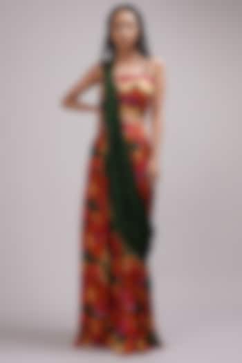 Multi-Colored Upada Silk Floral Printed Draped Skirt Saree Set by Breathe By Aakanksha Singh