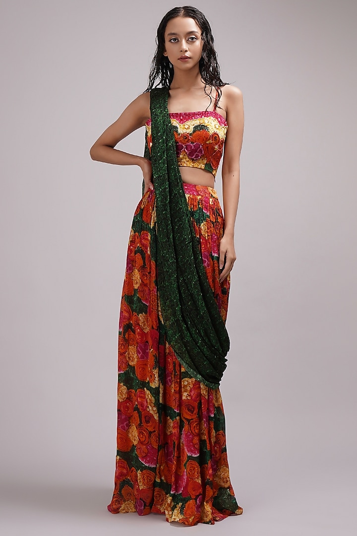 Multi-Colored Upada Silk Floral Printed Draped Skirt Saree Set by Breathe By Aakanksha Singh
