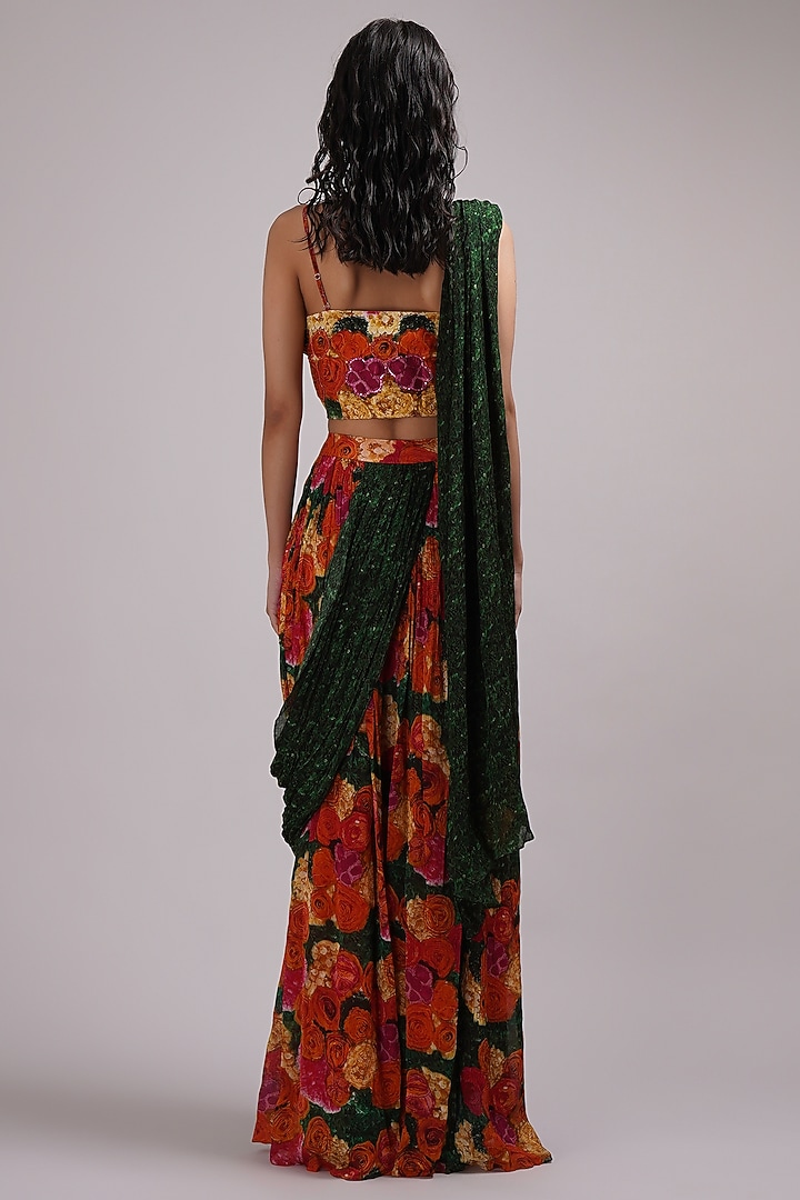 Multi-Colored Upada Silk Floral Printed Draped Skirt Wedding Saree Set by Breathe By Aakanksha Singh at Pernia's Pop Up Shop