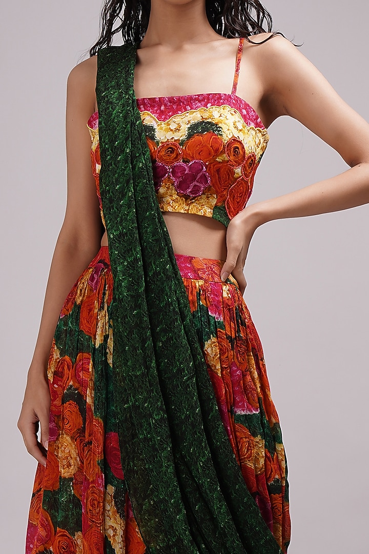 Multi-Colored Upada Silk Floral Printed Draped Skirt Wedding Saree Set by Breathe By Aakanksha Singh at Pernia's Pop Up Shop