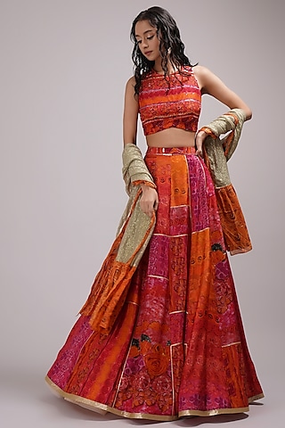 Orange Upada Silk Floral Printed Lehenga Set by Breathe By Aakanksha Singh